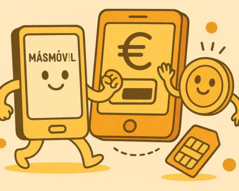 Ilustración de un móvil de MasMovil con tarjeta SIM, moneda y símbolo de euro en tonos pastel naranjas y amarillos.