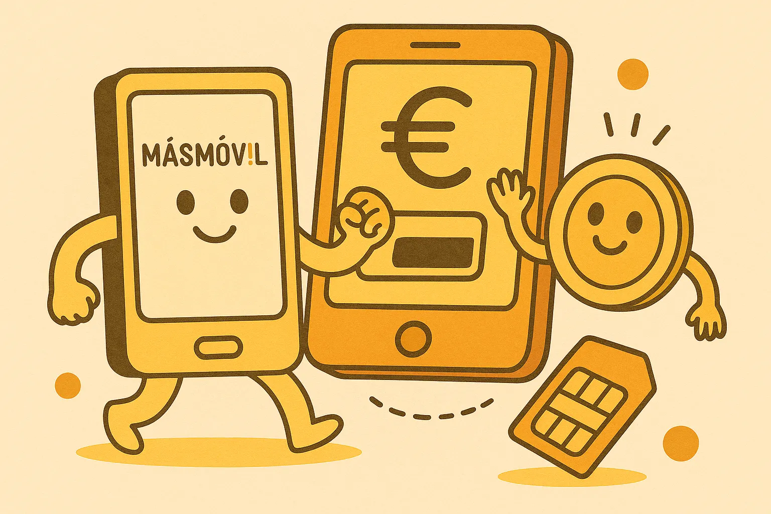 Ilustración de un móvil de MasMovil con tarjeta SIM, moneda y símbolo de euro en tonos pastel naranjas y amarillos.