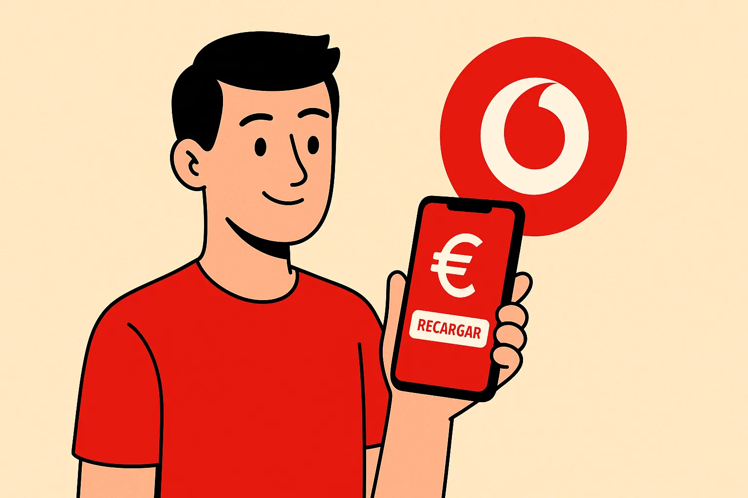 Un hombre mira su teléfono de Vodafone donde se ve el símbolo del euro y la palabra recargar