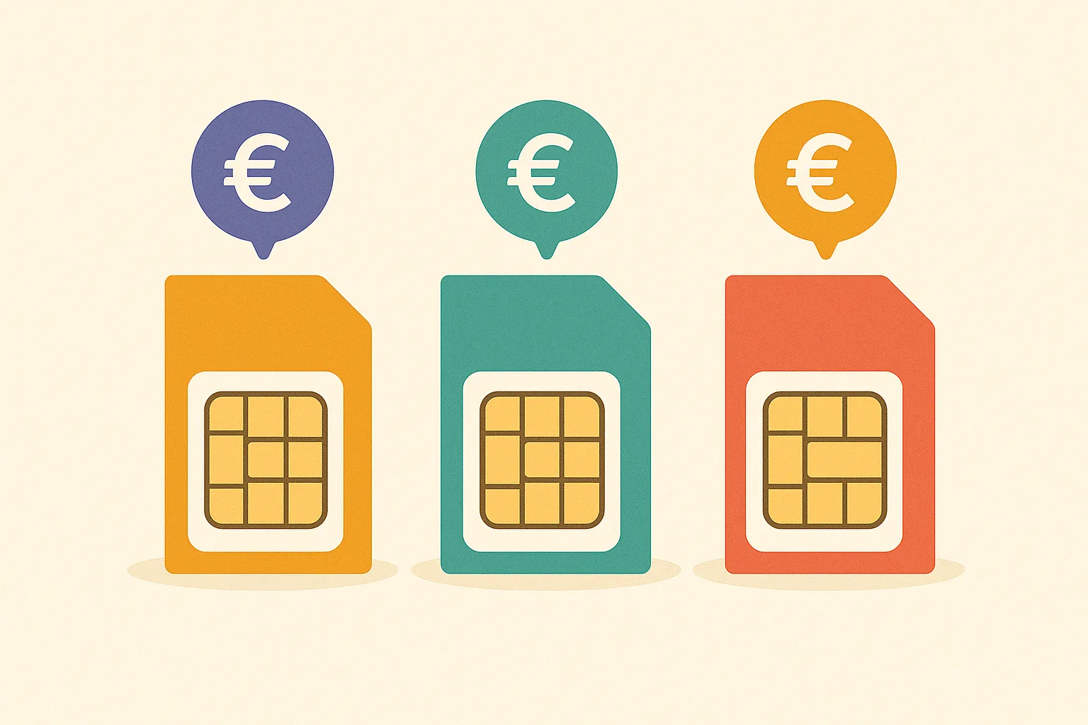 Tres tarjetas SIM de colores con el símbolo del euros sobre cada una de ellas simbolizando compañías con prepago barato.