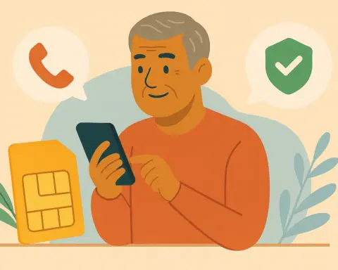 Persona mayor usa su móvil para llamar junto a símbolos de telefonía como un teléfono o una SIM