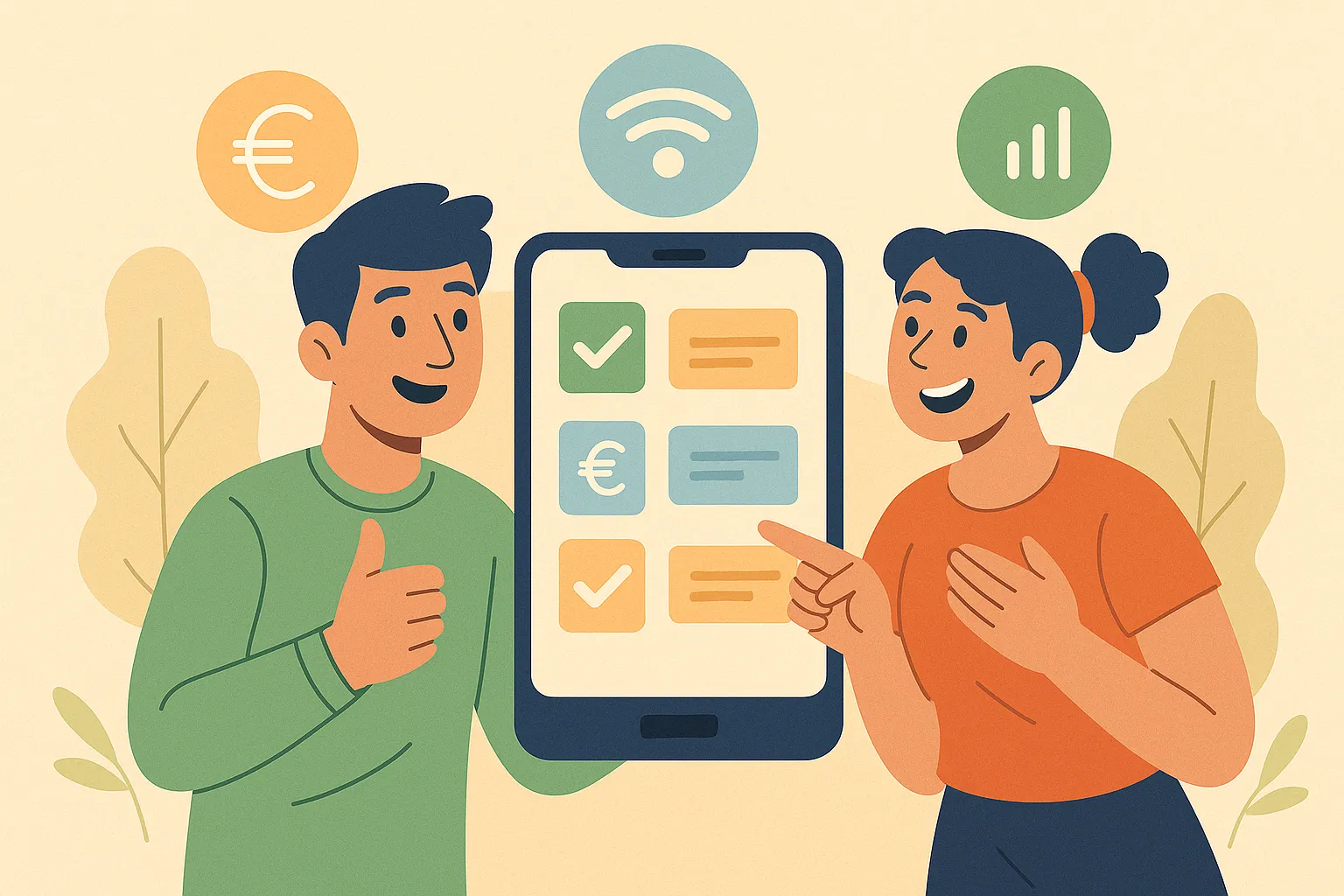 Dos personas hablando sobre las mejores tarifas de prepago con símbolos que evocan precio o cobertura