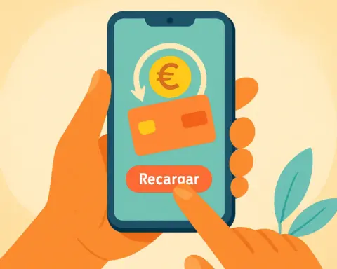 Unas manos sujetan un móvil donde se lee la palabra recargar junto a una tarjeta de crédito y el símbolo del euro