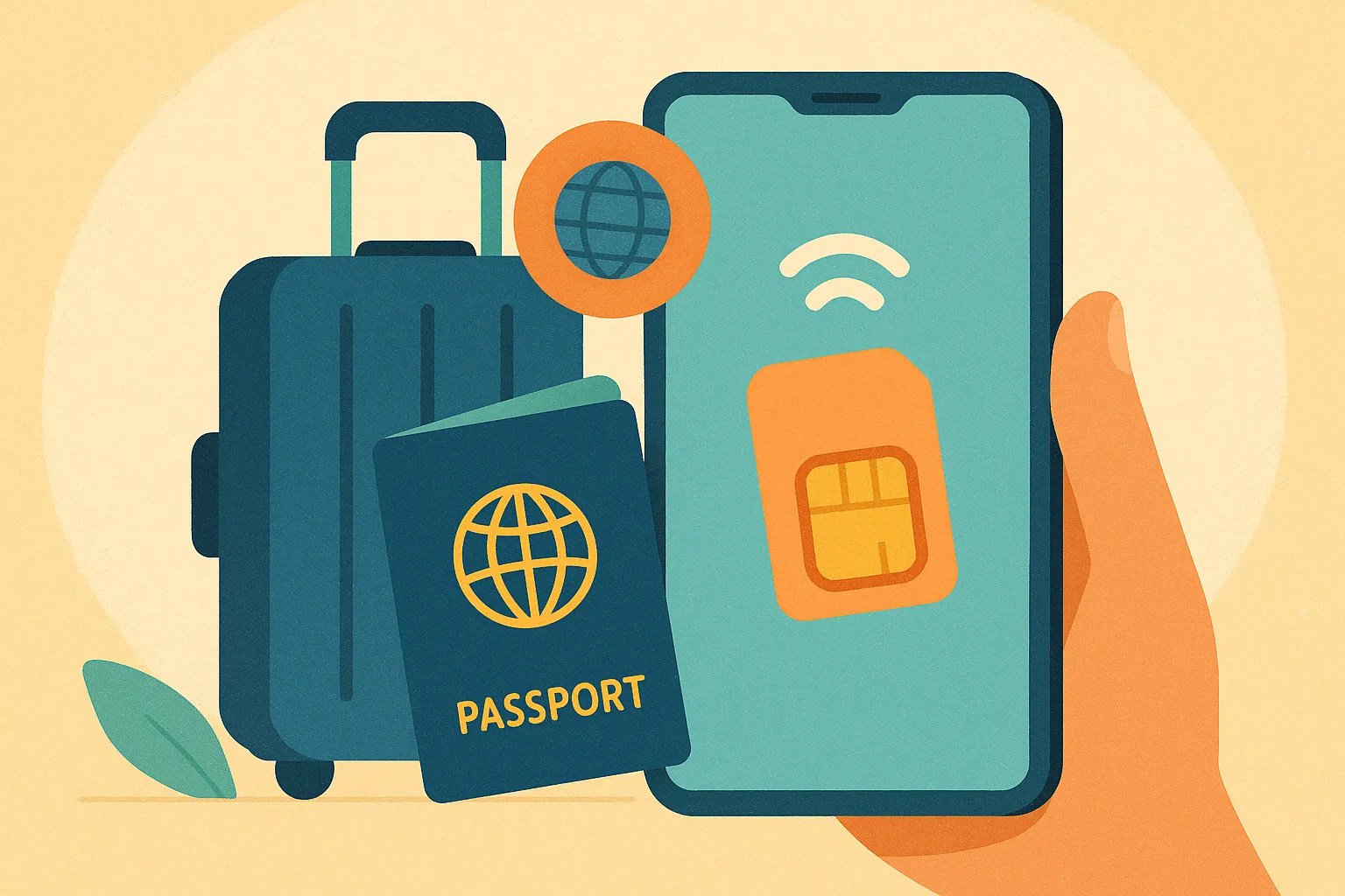Una mano sujeta un móvil donde se ve una SIM junto a una maleta y a un pasaporte