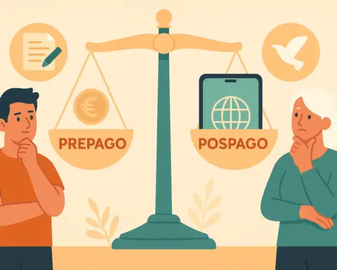 Dos personas ponen en una balanza lo mejor y lo peor del prepago y el contrato para comparar ambos servicios