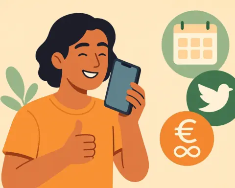 Hombre habla por teléfono junto a una serie de iconos como un calendario, el símbolo del euro o un infinito