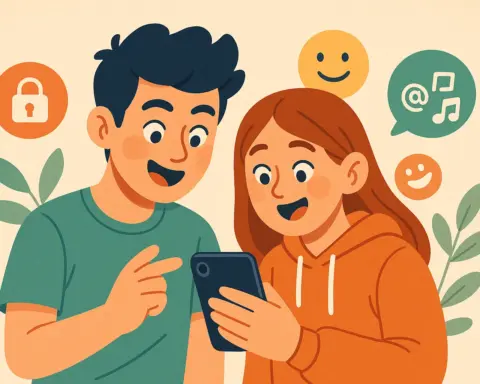 Dos adolescentes miran un móvil mientras conversan entre ellos alegremente y hablan sobre música e internet.