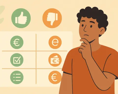 Un hombre mira una tabla con ventajas y desventajas del prepago representadas mediantes símbolos de euros, listados o manos con un pulgar levantado