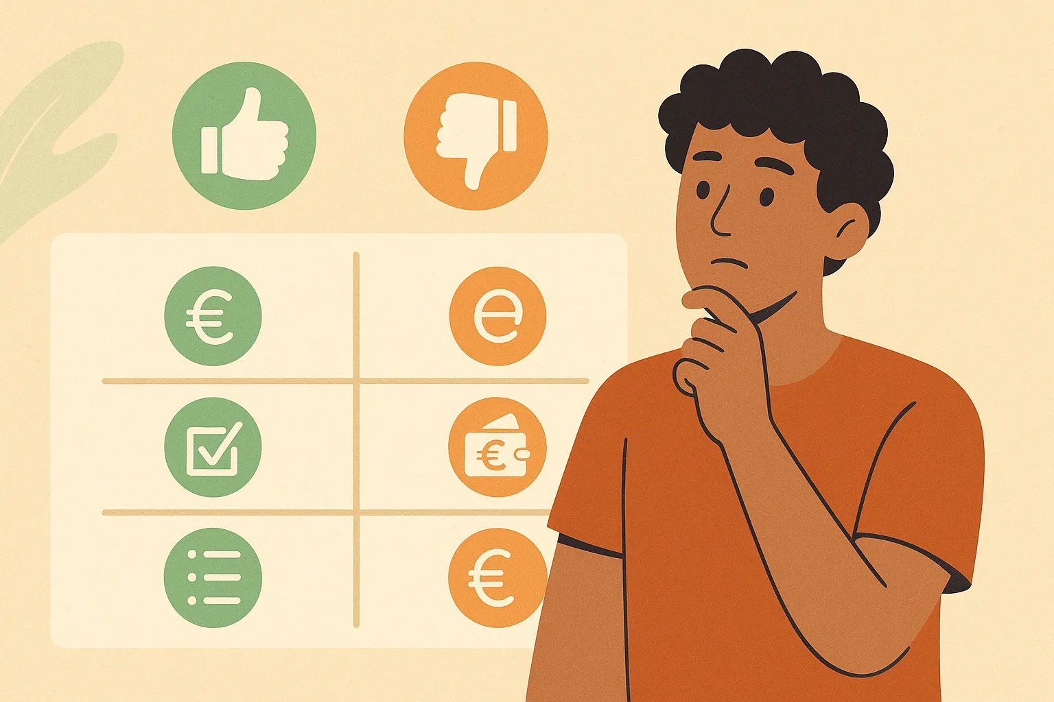 Un hombre mira una tabla con ventajas y desventajas del prepago representadas mediantes símbolos de euros, listados o manos con un pulgar levantado