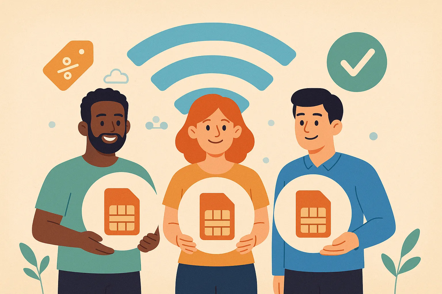 Tres personas con una SIM en la mano representan operadores móviles virtuales con mejores tarifas prepago