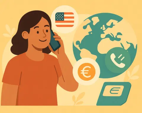 Mujer habla por teléfono junto a un globo terráqueo, una bandera de EEUU y símbolos de telefonía y euros.