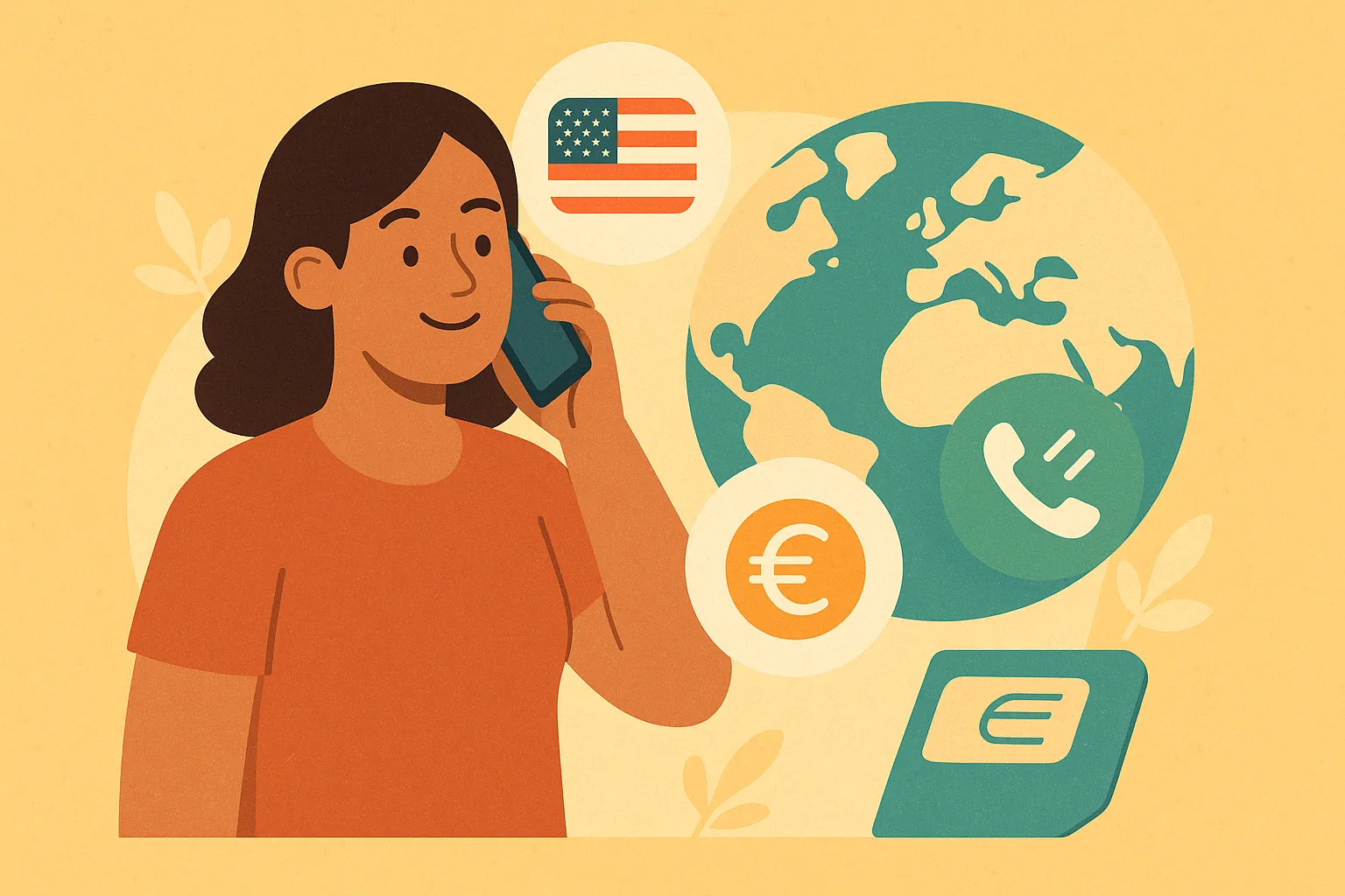 Mujer habla por teléfono junto a un globo terráqueo, una bandera de EEUU y símbolos de telefonía y euros.