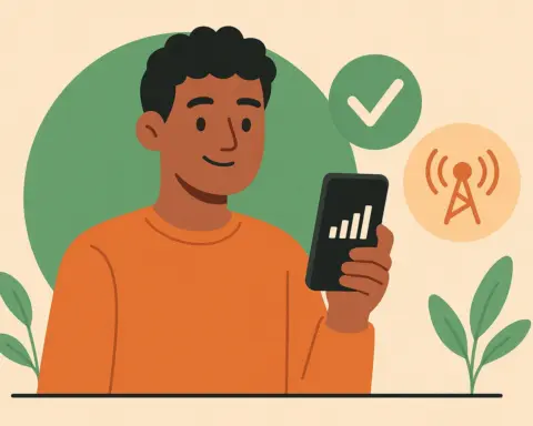 Un chico joven mira su teléfono móvil y sonríe porque tiene buena cobertura en su tarifa de prepago