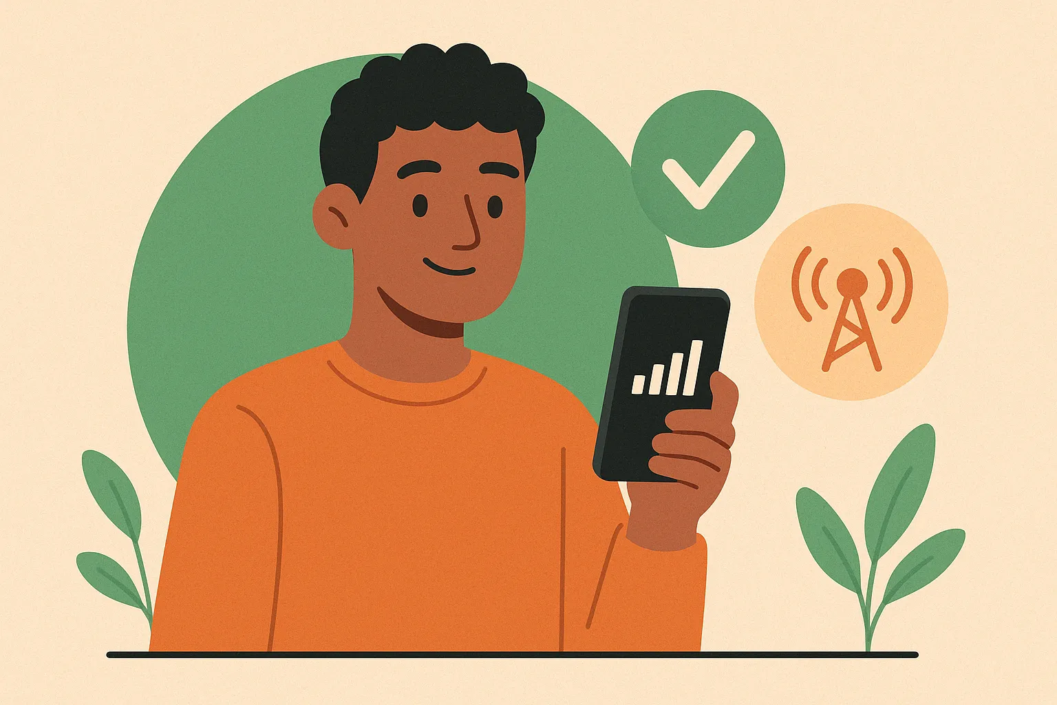 Un chico joven mira su teléfono móvil y sonríe porque tiene buena cobertura en su tarifa de prepago