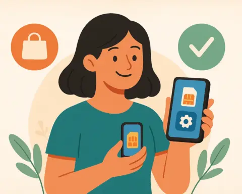 Mujer sujeta un móvil donde se ve una SIM y una rueda dentada que representa aplicación para gestionar tarifa