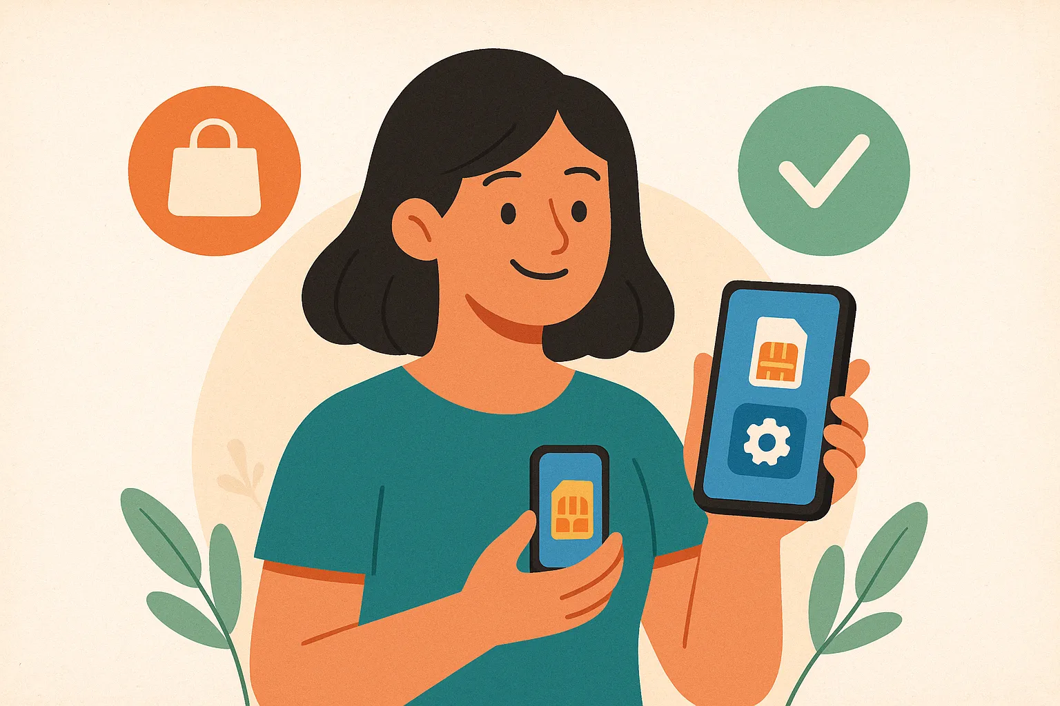Mujer sujeta un móvil donde se ve una SIM y una rueda dentada que representa aplicación para gestionar tarifa