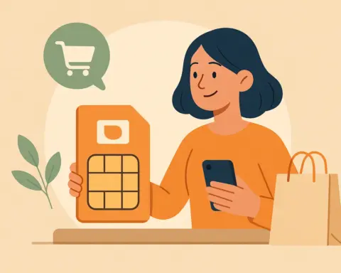 Mujer sostiene un móvil con una mano y una SIM grande en la otra mientras piensa en un carrito de la compra