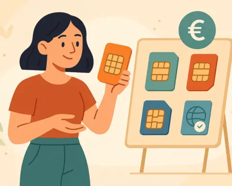 Mujer observa diferentes tarjetas SIM que incluyen datos y llamadas