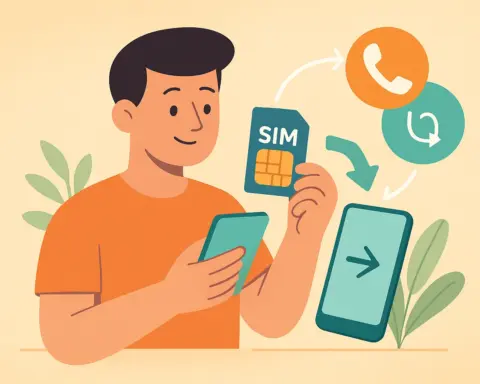 Joven mira su móvil con una tarjeta SIM en la mano mientras piensa en hacer una portabilidad hacia otro móvil