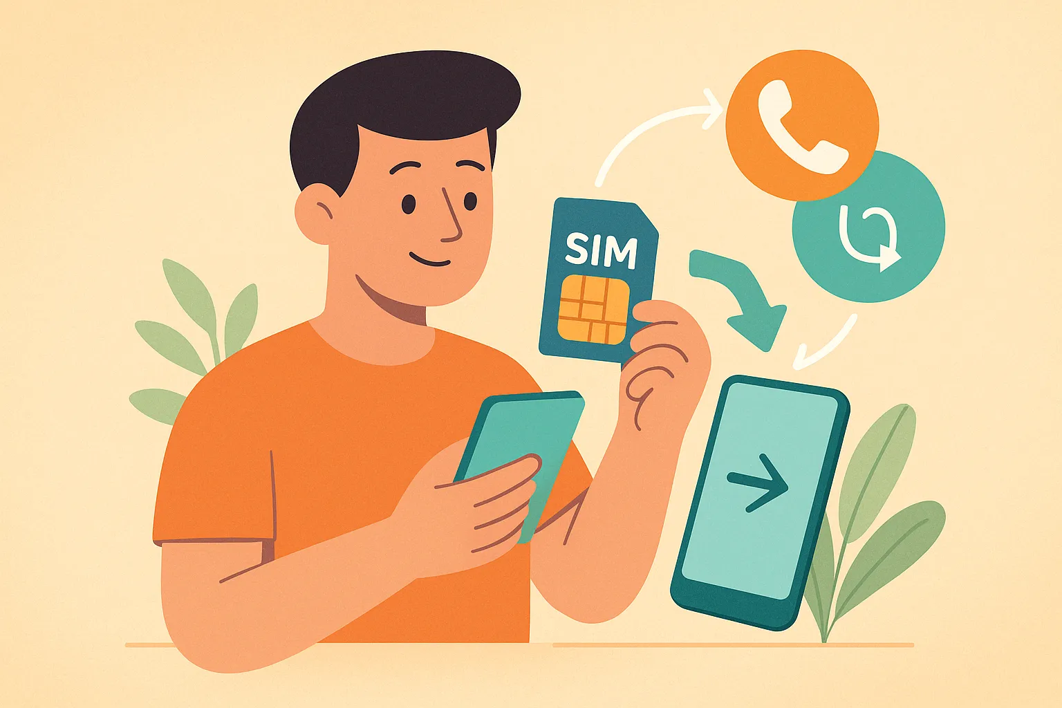 Joven mira su móvil con una tarjeta SIM en la mano mientras piensa en hacer una portabilidad hacia otro móvil