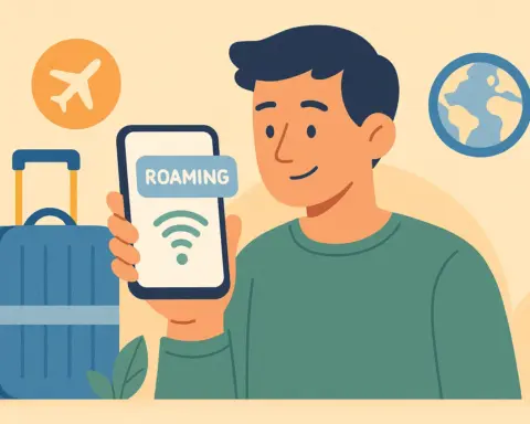 Joven mira su móvil que incluye la palabra roaming junto a una maleta, el globo terráqueo y un avión