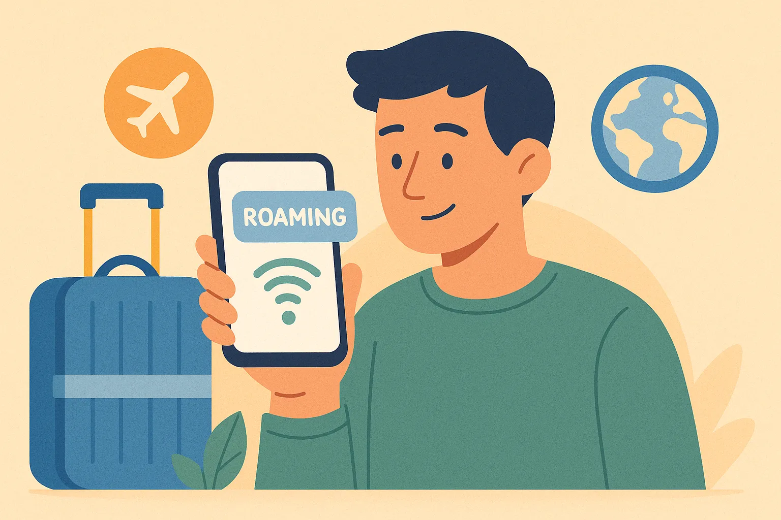 Joven mira su móvil que incluye la palabra roaming junto a una maleta, el globo terráqueo y un avión