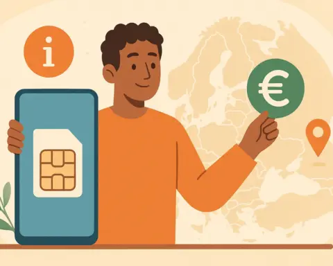 Un hombre sostiene un móvil en una mano y un símbolo de euro en la otra sobre un mapa de Europa.