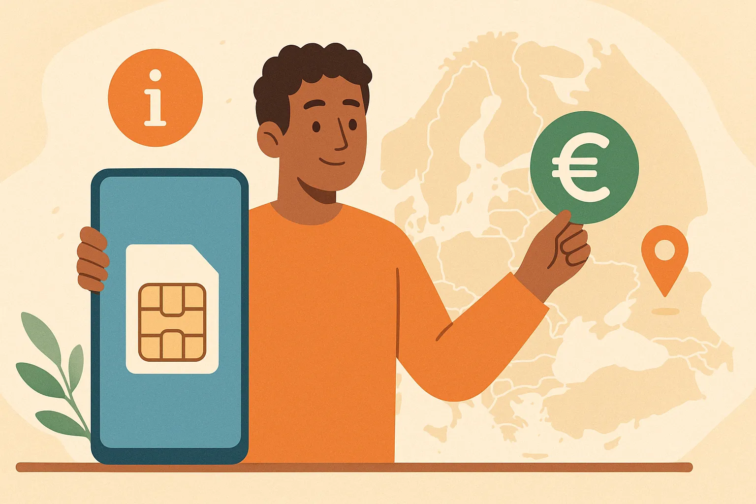 Un hombre sostiene un móvil en una mano y un símbolo de euro en la otra sobre un mapa de Europa.