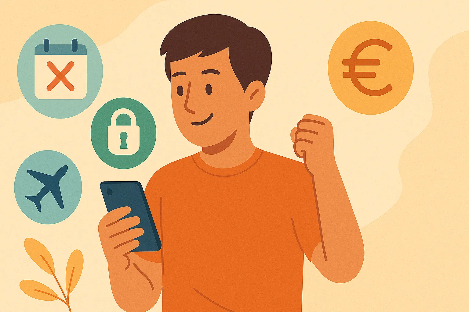 Un chico se alegra al mirar su móvil y ver que no tiene permanencia ni ataduras con su compañía de prepago