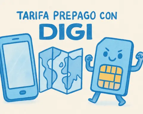 Ilustración de una tarifa prepago con DIGI, mostrando un teléfono, un mapa y una SIM.