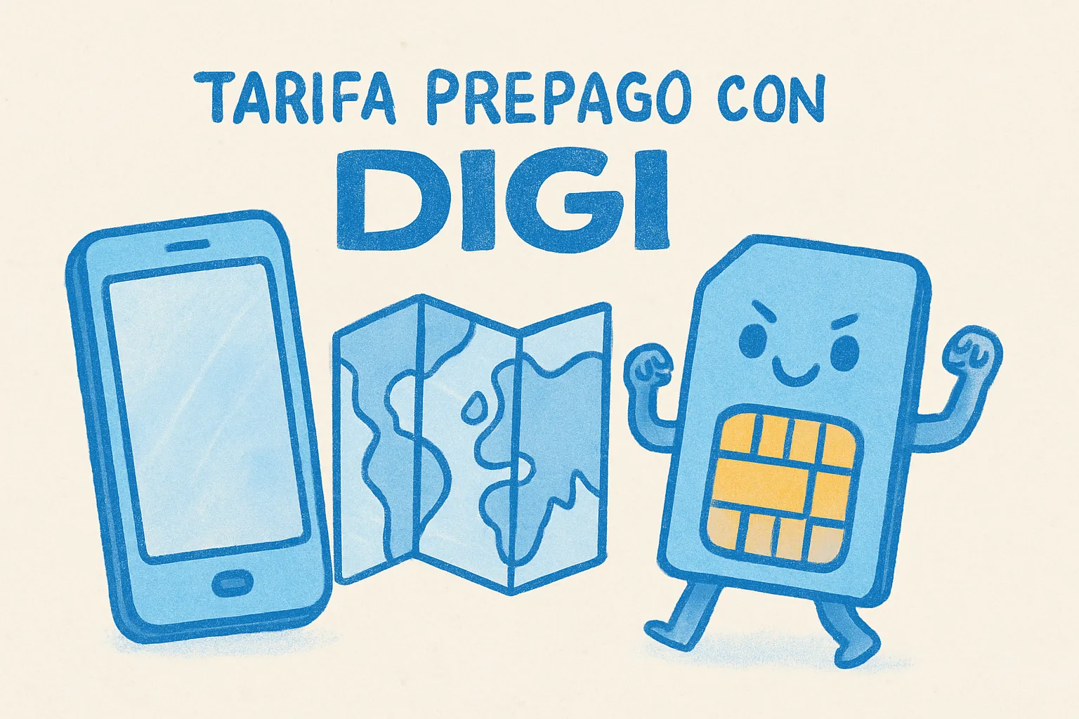 Ilustración de una tarifa prepago con DIGI, mostrando un teléfono, un mapa y una SIM.