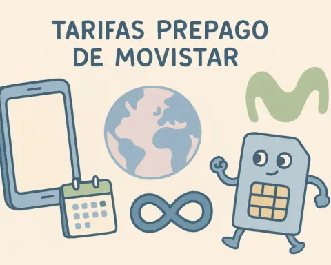 Ilustración digital dibujada a mano que muestra los elementos clave de las tarifas prepago de Movistar, incluyendo un teléfono, un logo de Movistar, una tarjeta SIM, un calendario y el símbolo de infinito, todo en tonos suaves de azul, verde y beige.