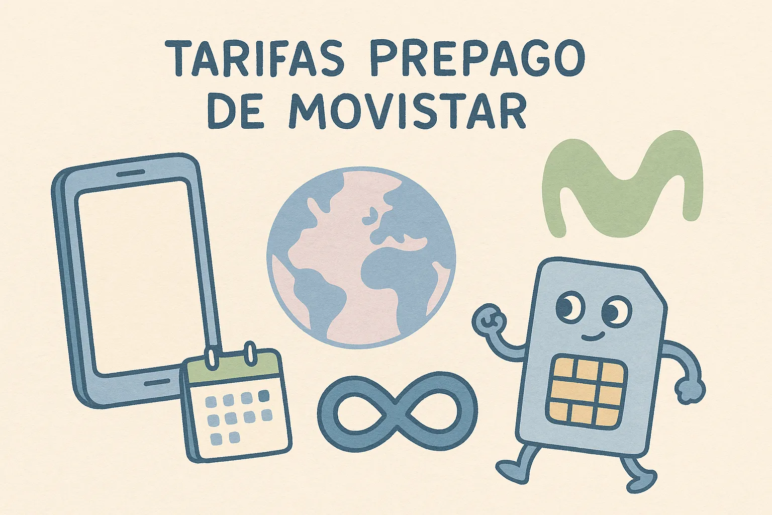 Ilustración digital dibujada a mano que muestra los elementos clave de las tarifas prepago de Movistar, incluyendo un teléfono, un logo de Movistar, una tarjeta SIM, un calendario y el símbolo de infinito, todo en tonos suaves de azul, verde y beige.