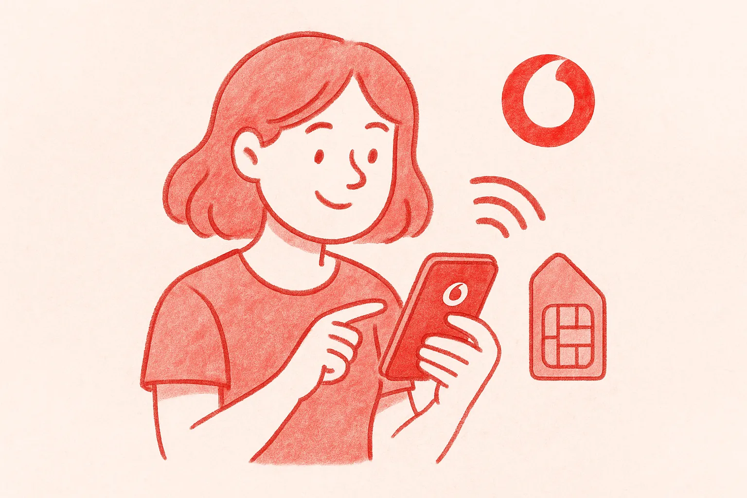 Ilustración digital de una persona utilizando un teléfono móvil, con el logo de Vodafone y elementos como señal Wi-Fi, todo en tonos rojos sobre un fondo suave