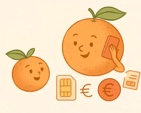 Ilustración de dos naranjas antropomórficas con una SIM, euros y un teléfono móvil, en tonos pastel.