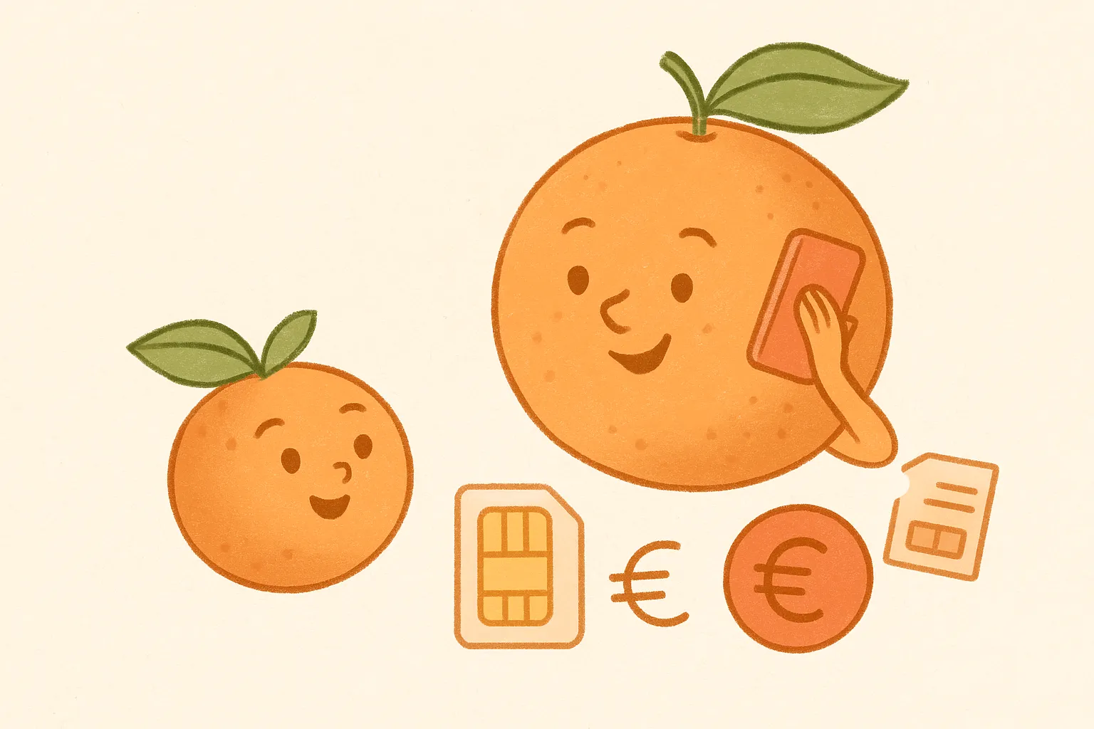 Ilustración de dos naranjas antropomórficas con una SIM, euros y un teléfono móvil, en tonos pastel.