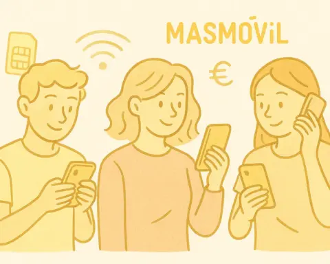 Ilustración de tres personas usando sus teléfonos móviles prepago de MasMovil, con íconos de SIM, Wi-Fi y euros en tonos amarillos.