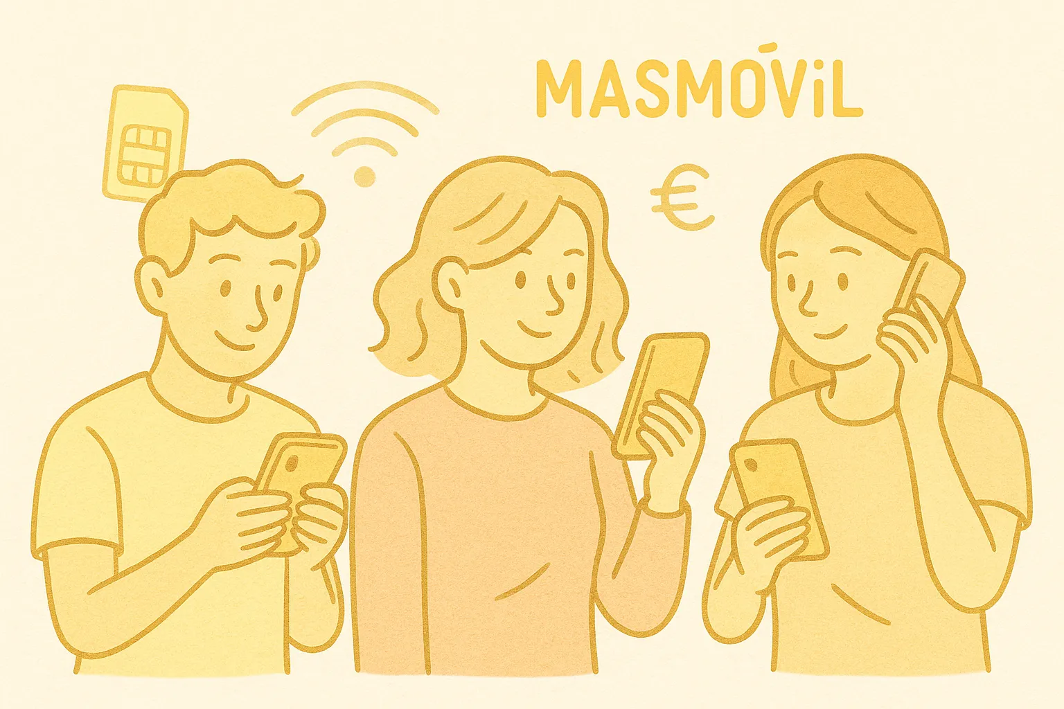 Ilustración de tres personas usando sus teléfonos móviles prepago de MasMovil, con íconos de SIM, Wi-Fi y euros en tonos amarillos.