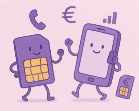 Ilustración digital de una tarjeta SIM y un teléfono móvil Yoigo, en tonos morados con símbolos de euros y señal.