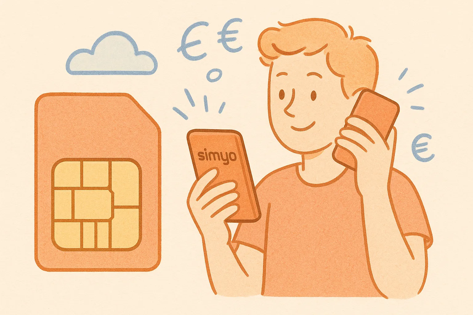 Ilustración digital de un joven con una tarjeta SIM naranja y un teléfono móvil Simyo, con íconos de euro y nube.