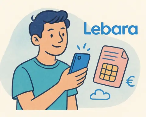 Ilustración digital de un joven usando un teléfono móvil Lebara, con una tarjeta SIM, el logo de Lebara y símbolos de euro.