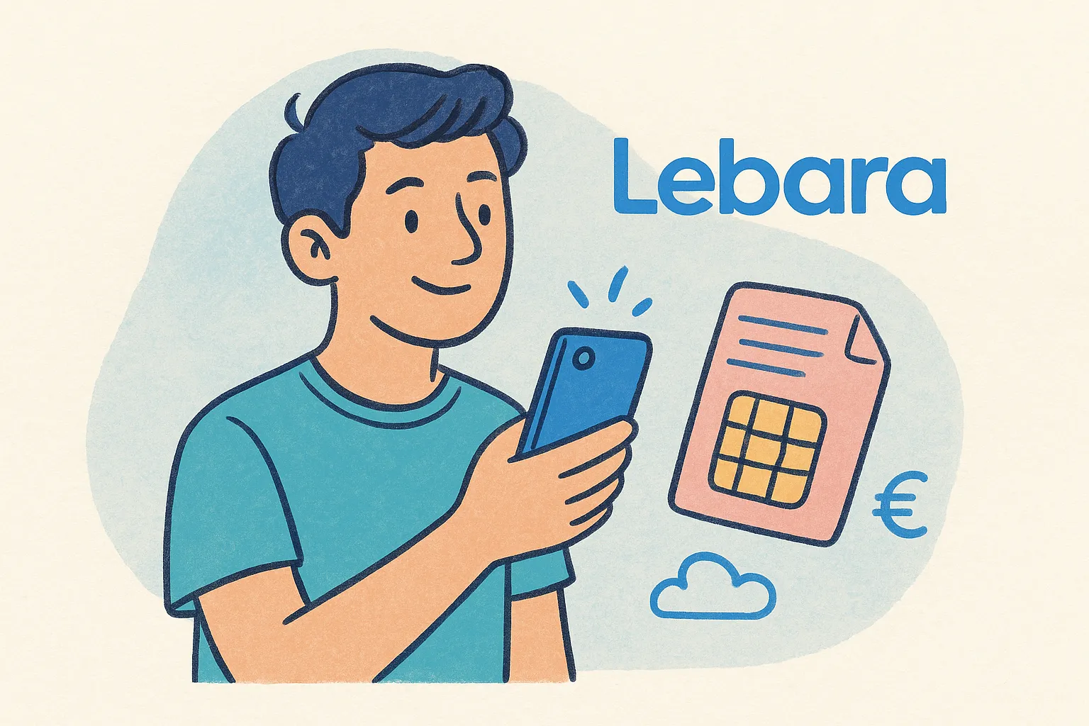 Ilustración digital de un joven usando un teléfono móvil Lebara, con una tarjeta SIM, el logo de Lebara y símbolos de euro.