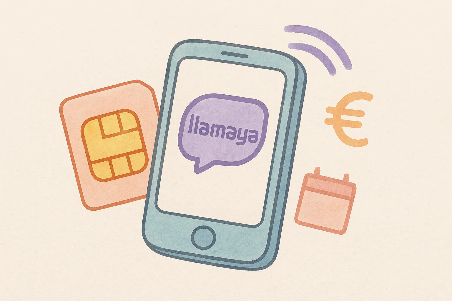 Ilustración digital de un teléfono móvil con el logo de Llamaya, una tarjeta SIM, símbolos de euro y señal Wi-Fi en tonos pastel.