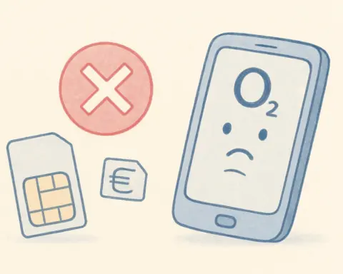 Ilustración digital de un teléfono móvil O2 triste con una tarjeta SIM, un símbolo de euro y una "X" roja.