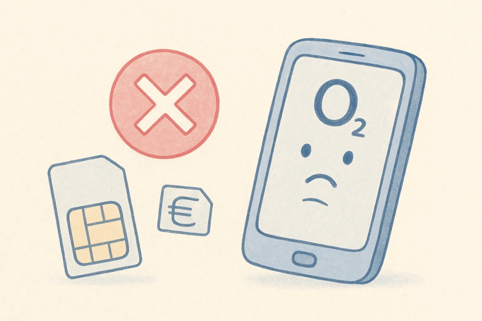 Ilustración digital de un teléfono móvil O2 triste con una tarjeta SIM, un símbolo de euro y una "X" roja.