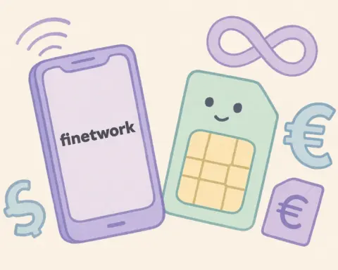 Ilustración digital de un teléfono móvil Finetwork, una tarjeta SIM sonriente, símbolos de euro e infinito, en tonos pastel.