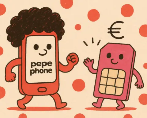Ilustración de un móvil Pepephone con peluca afro y una SIM sonriente en tonos rojos con lunares y símbolo de euro.