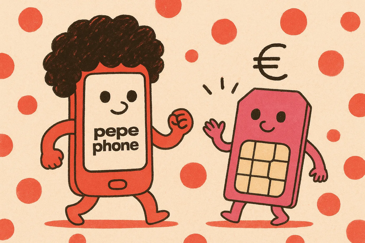 Ilustración de un móvil Pepephone con peluca afro y una SIM sonriente en tonos rojos con lunares y símbolo de euro.
