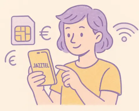 Persona usando su móvil con logo de Jazztel rodeada de iconos de SIM, euro y Wi-Fi en tonos pastel.