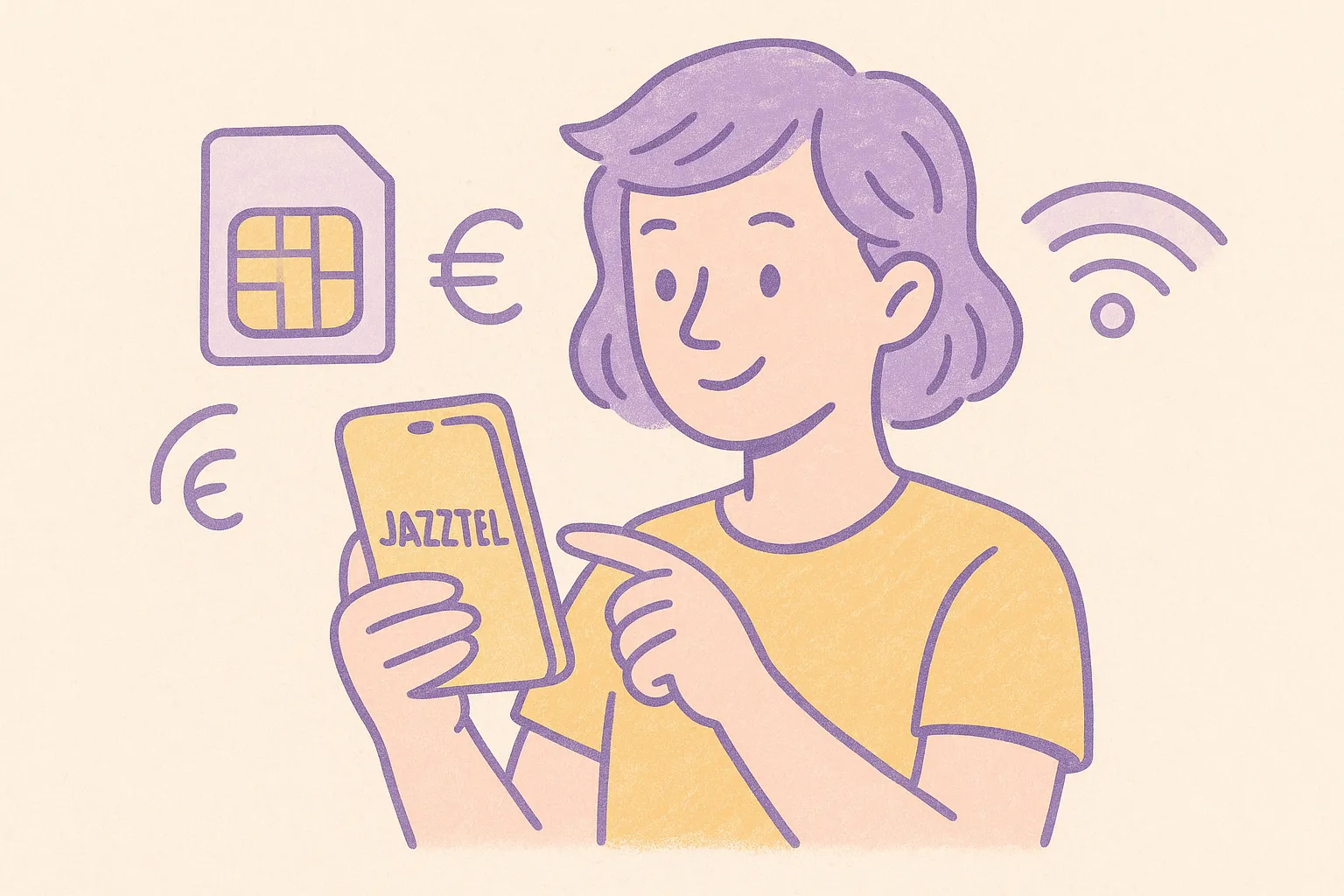 Persona usando su móvil con logo de Jazztel rodeada de iconos de SIM, euro y Wi-Fi en tonos pastel.